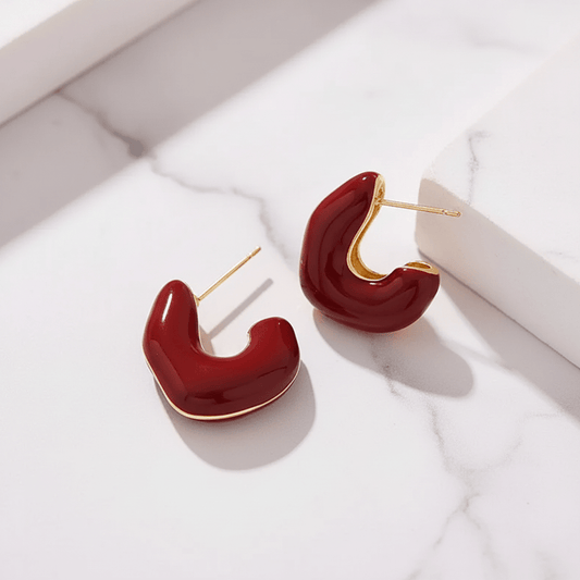 Gold Red Enamel C-Hoop Earrings - Earrings - 18k Gold Plated Waterproof Jewellery - Collection 9