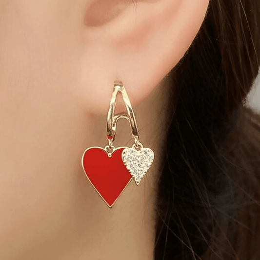 Gold Red Enamel Double Heart Drop Earrings - Earrings - 18k Gold Plated Waterproof Jewellery - Collection 9