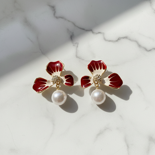 Gold Red Enamel Flower Pearl Drop Earrings - Earrings - 18k Gold Plated Waterproof Jewellery - Collection 9