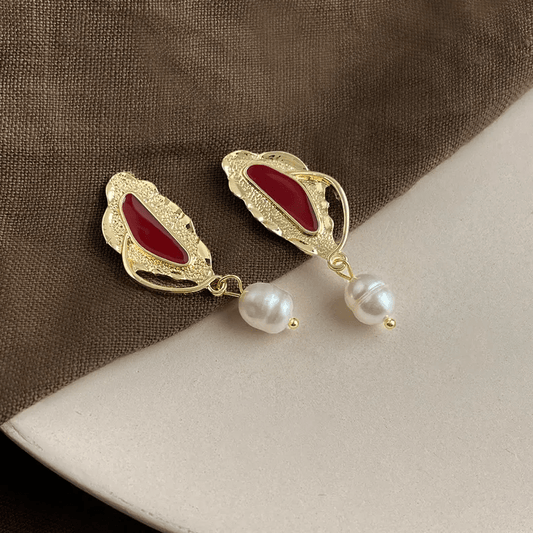 Gold Red Enamel Freshwater Pearl Drop Earrings - - 18k Gold Plated Waterproof Jewellery - Collection 9