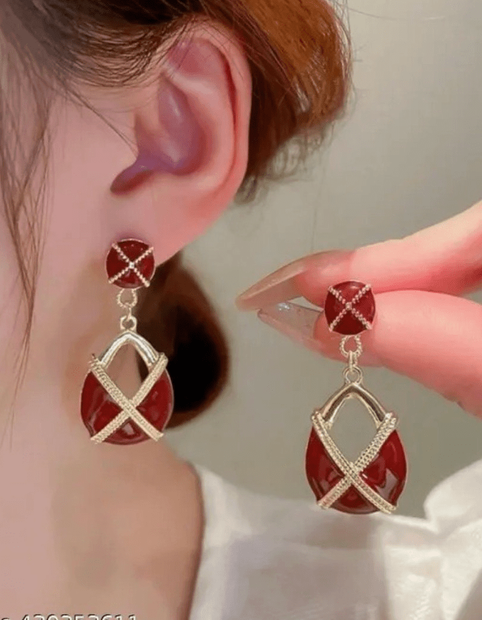 Gold Red Enamel Geometric Drop Earrings - Earrings - 18k Gold Plated Waterproof Jewellery - Collection 9