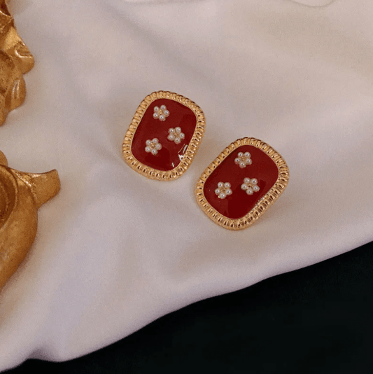 Gold Red Enamel Heart Pearl Stud Earrings - Earrings - 18k Gold Plated Waterproof Jewellery - Collection 9