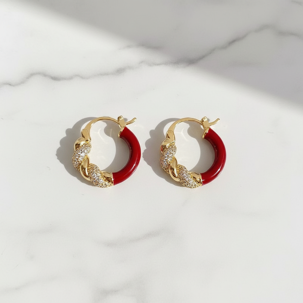 Gold Red Enamel Hoop Earrings - Earrings - 18k Gold Plated Waterproof Jewellery - Collection 9