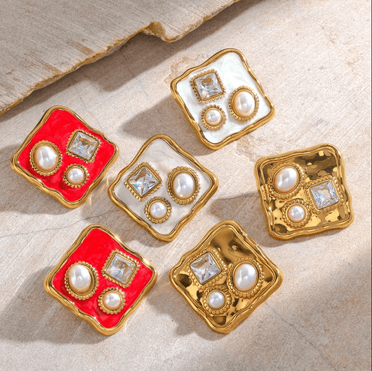 Gold Red Enamel Pearl Stud Earrings - Earrings - 18k Gold Plated Waterproof Jewellery - Collection 9