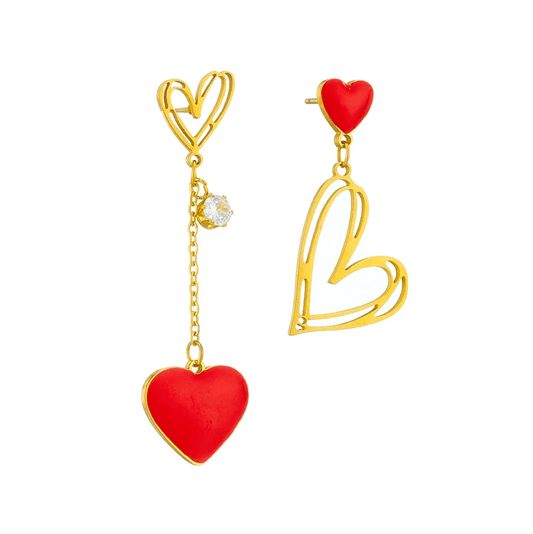 Gold Red Heart Asymmetric Drop Earrings - Earrings - 18k Gold Plated Waterproof Jewellery - Collection 9