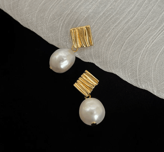 Gold Ribbed Square Freshwater Pearl Drop Earrings - - 18k Gold Plated Waterproof Jewellery - Collection 9