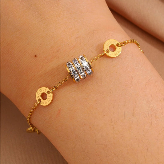 Gold Roman Numeral Disc & Crystal Zircon Barrel Bracelet - Bracelets - 18k Gold Plated Waterproof Jewellery - Collection 9