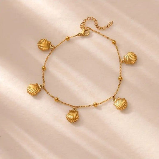 Gold Scallop Shell Charm Satellite Bead Cable Chain Anklet - Anklets - 18k Gold Plated Waterproof Jewellery - Collection 9
