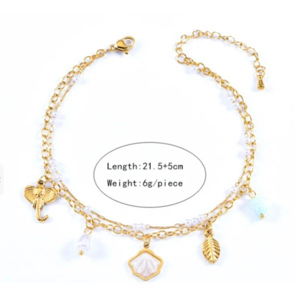Gold Shell Elephant & Leaf Charm Double Layer Anklet - Anklets - 18k Gold Plated Waterproof Jewellery - Collection 9