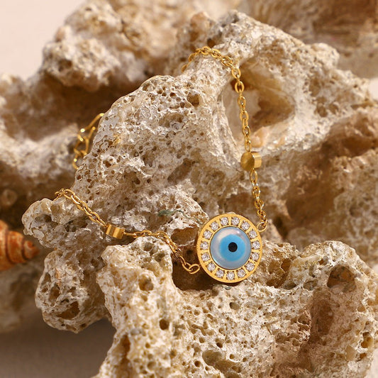 Gold Shell Evil Eye Zircon Station Cable Chain Bracelet - Bracelets - 18k Gold Plated Waterproof Jewellery - Collection 9