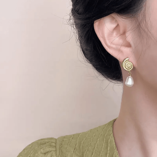 Gold Shell Freshwater Pearl Drop Earrings - - 18k Gold Plated Waterproof Jewellery - Collection 9