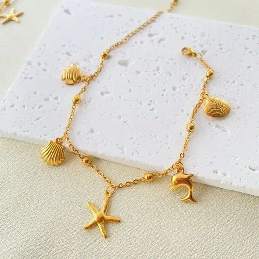 Gold Single layer Ocean Charm Satellite Bead Cable Chain Anklet - Anklets - 18k Gold Plated Waterproof Jewellery - Collection 9