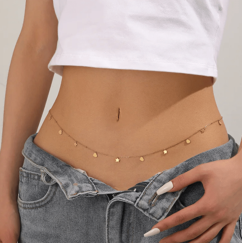 Gold Star & Heart Charm Cable Chain Waist Chain - Waist Chains - 18k Gold Plated Waterproof Jewellery - Collection 9