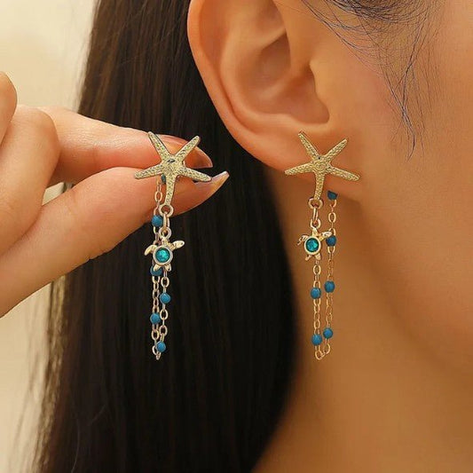 Gold Starfish & Ocean Charm Chain Drop Earrings - Collection 9 Ltd