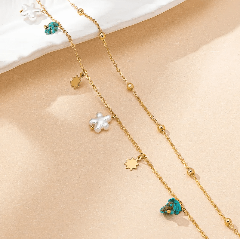 Gold Starfish & Turquoise Charm Double Layer Waist Chain - Waist Chains - 18k Gold Plated Waterproof Jewellery - Collection 9