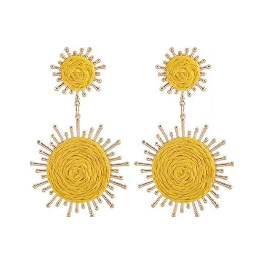 Gold Sunburst Frame & Yellow Raffia Coil Double Sun Drop Earrings - Collection 9 Ltd