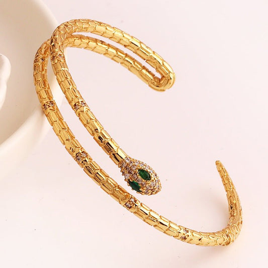 Gold Textured Double Coil Snake & Emerald Zircon Head Bangle - Bangle - 18k Gold Plated Waterproof Jewellery - Collection 9