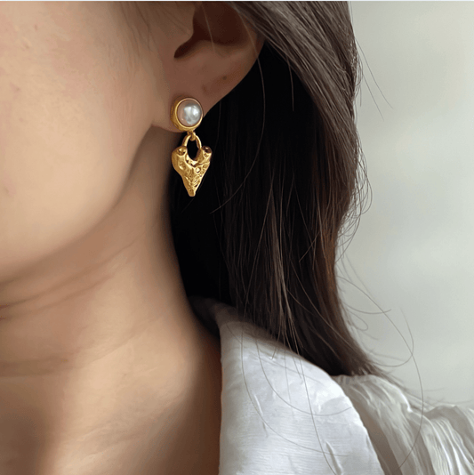 Gold Textured Freshwater Pearl Drop Earrings - - 18k Gold Plated Waterproof Jewellery - Collection 9