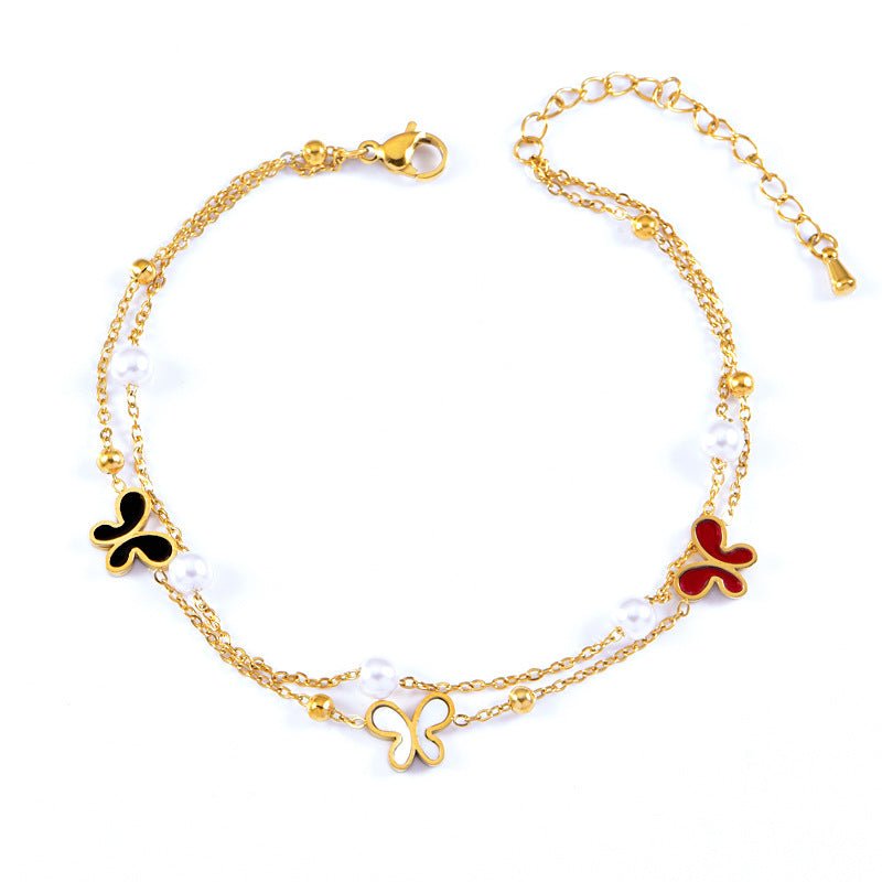 Gold Tri-Colour Butterfly Pearl Double Layer Anklet - Anklets - 18k Gold Plated Waterproof Jewellery - Collection 9