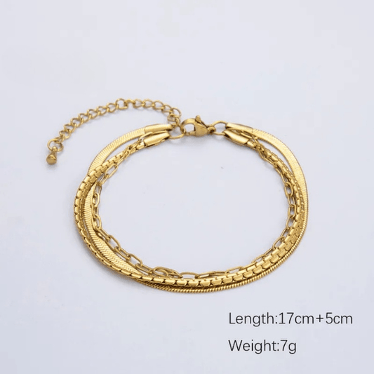 Gold Triple Layer Herringbone Box & Paperclip Chain Bracelet - Bracelets - 18k Gold Plated Waterproof Jewellery - Collection 9