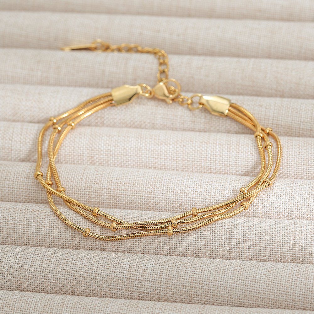 Gold Triple Layer Snake & Satellite Bead Chain Bracelet - Bracelets - 18k Gold Plated Waterproof Jewellery - Collection 9