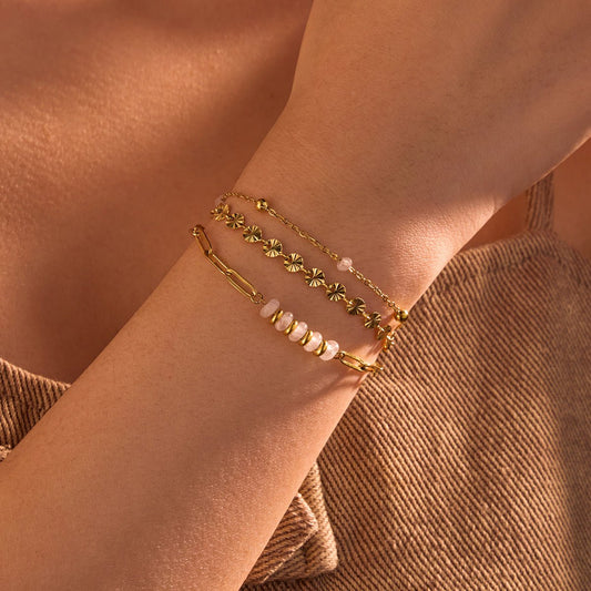 Gold Triple Layer Star Texture Paperclip & Cable Chain Bracelet with White Ceramic Bead - Bracelets - 18k Gold Plated Waterproof Jewellery - Collection 9