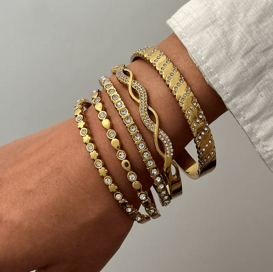 Gold Crystal Wave Bangle - Bracelet - 18k Gold Plated Waterproof Jewellery - Collection 9