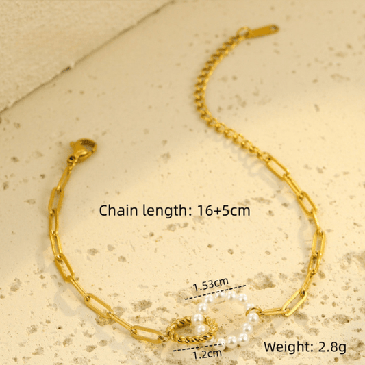 Gold Twisted Rope Heart & Pearl Charm Paperclip Chain Bracelet - Bracelets - 18k Gold Plated Waterproof Jewellery - Collection 9