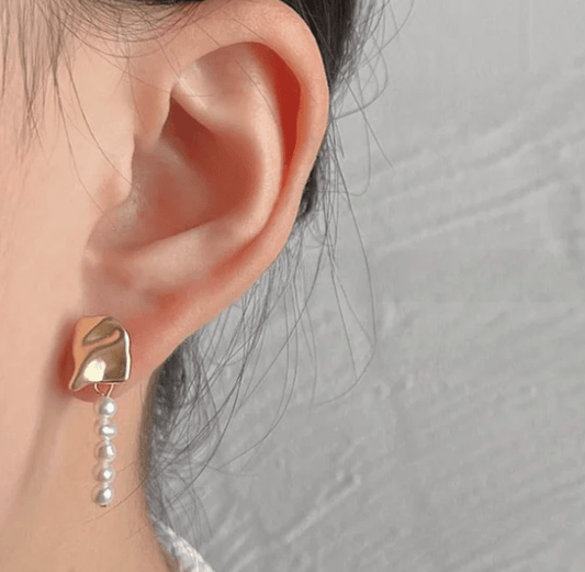 Gold Wave Asymmetric Freshwater Pearl Earrings - - 18k Gold Plated Waterproof Jewellery - Collection 9