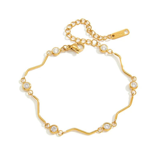 Gold Wave Link Zircon Station Bracelet - Bracelets - 18k Gold Plated Waterproof Jewellery - Collection 9