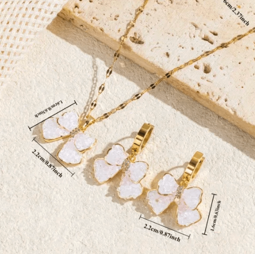 Gold White Enamel Bow Crystal Jewelry Set - - 18k Gold Plated Waterproof Jewellery - Collection 9