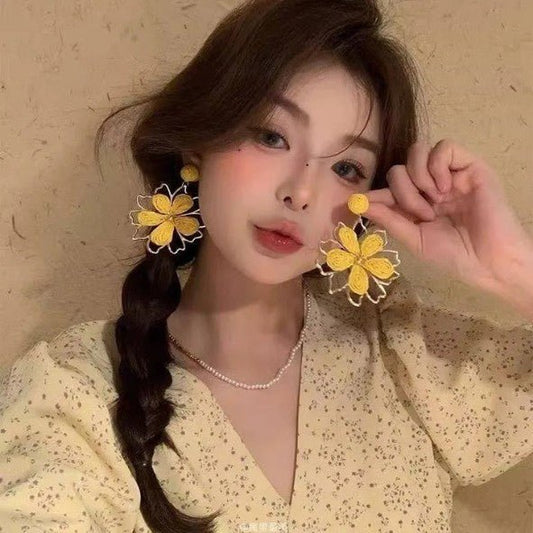 Gold Wire Flower Frame & Yellow Raffia Petal Drop Earrings - Collection 9 Ltd