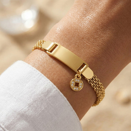 Gold Woven Mesh ID Bar Zircon Coin Charm Bracelet - Bracelets - 18k Gold Plated Waterproof Jewellery - Collection 9