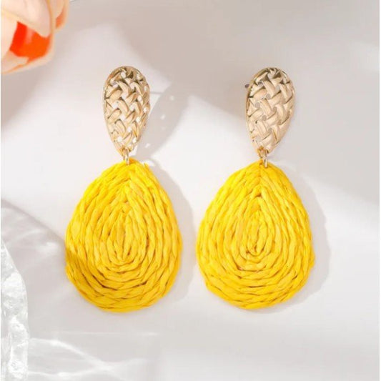 Gold Woven Texture Stud & Yellow Raffia Coil Teardrop Drop Earrings - Collection 9 Ltd