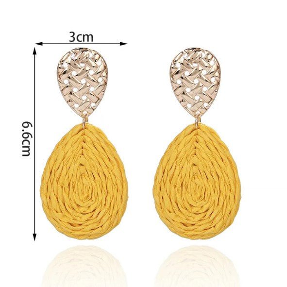 Gold Woven Texture Stud & Yellow Raffia Coil Teardrop Drop Earrings - Drop Earrings - 18k Gold Plated Waterproof Jewellery - Collection 9