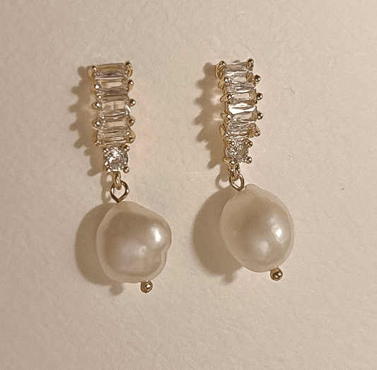 Golden Crystal Bar Freshwater Pearl Stud Earrings - - 18k Gold Plated Waterproof Jewellery - Collection 9