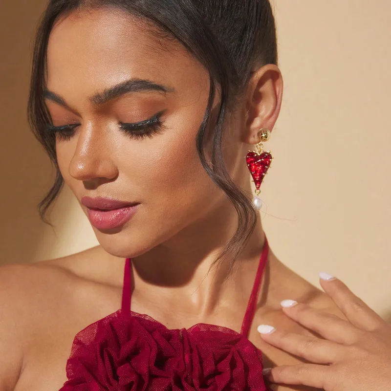 Gold Red Resin Heart Pearl Drop Earrings - Earrings - 18k Gold Plated Waterproof Jewellery - Collection 9