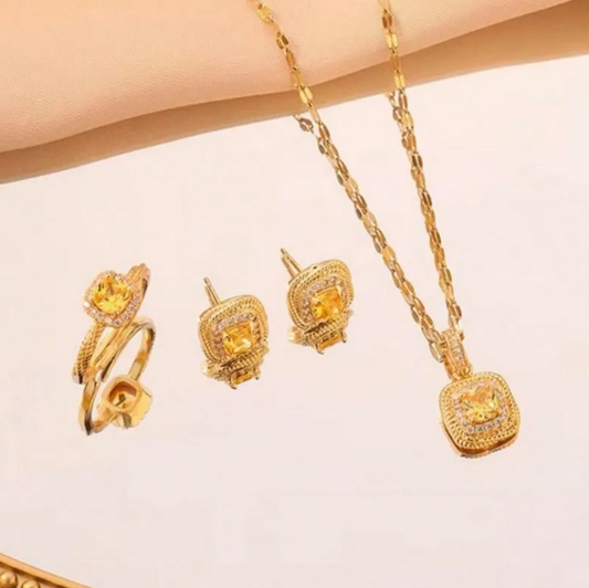 Gold Yellow Crystal Jewellery Set - Jewellery Set - 18k Gold Plated Waterproof Jewellery - Collection 9