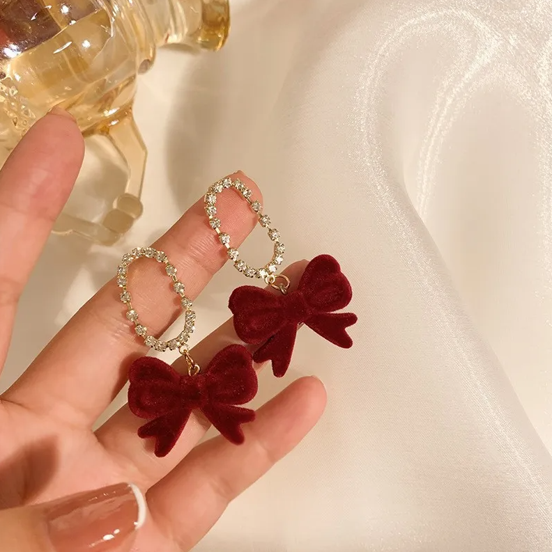 Gold Red Velvet Bow Drop Earrings - Earrings - 18k Gold Plated Waterproof Jewellery - Collection 9