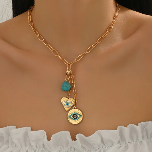 Gold Turquoise Evil Eye Charm Necklace - Necklace - 18k Gold Plated Waterproof Jewellery - Collection 9