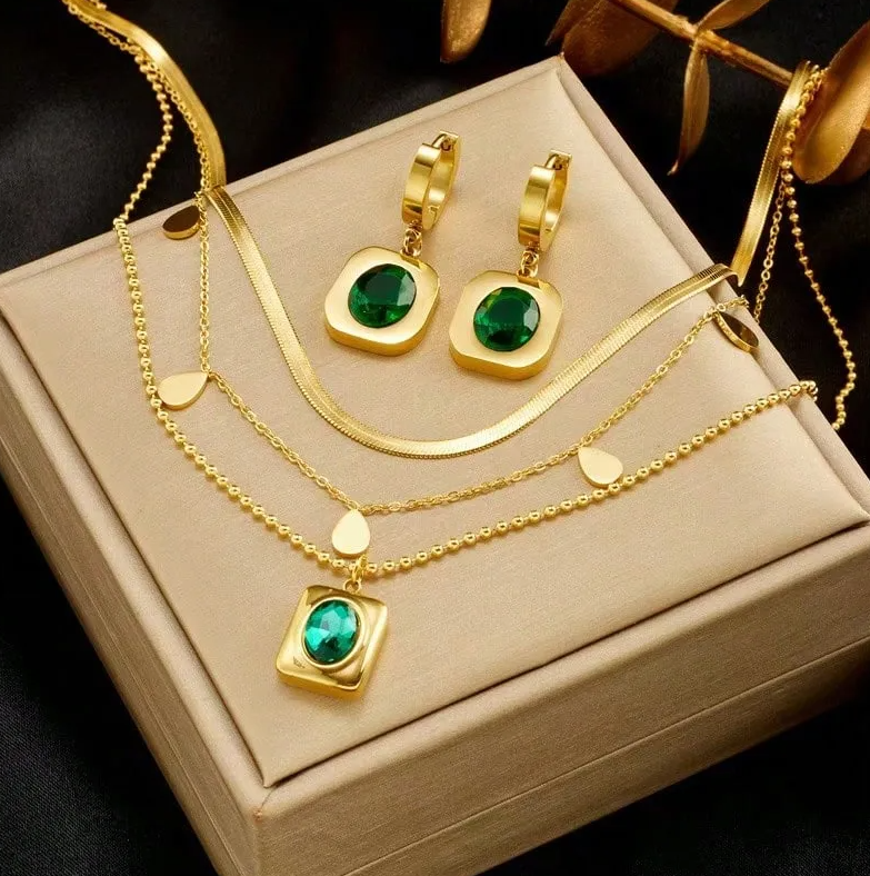 Green Gold Emerald Layered Jewellery Set - Jewellery Set - 18k Gold Plated Waterproof Jewellery - Collection 9