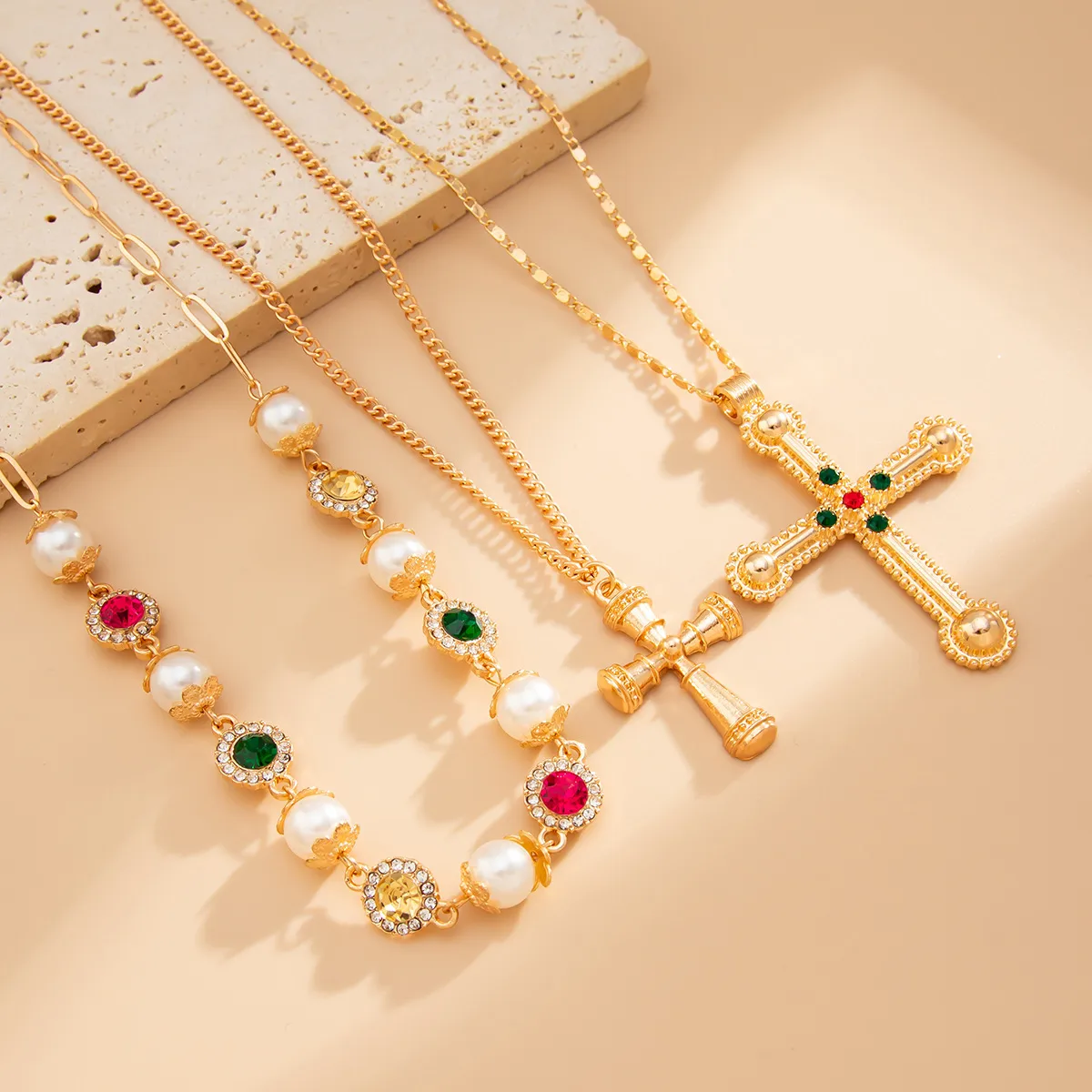 Gold Pearl Cross Layered Necklace Set - Necklace - 18k Gold Plated Waterproof Jewellery - Collection 9