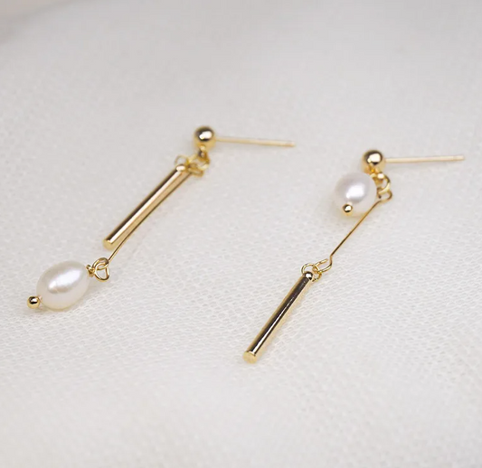Gold Bar Freshwater Pearl Asymmetric Drop Earrings - - 18k Gold Plated Waterproof Jewellery - Collection 9