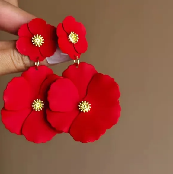 Gold Red Flower Drop Earrings - Earrings - 18k Gold Plated Waterproof Jewellery - Collection 9