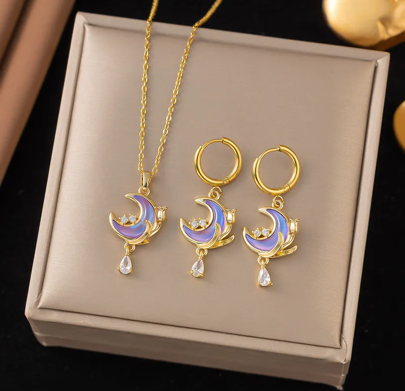 Gold Pink Moon Crystal Jewellery Set - Jewellery Set - 18k Gold Plated Waterproof Jewellery - Collection 9
