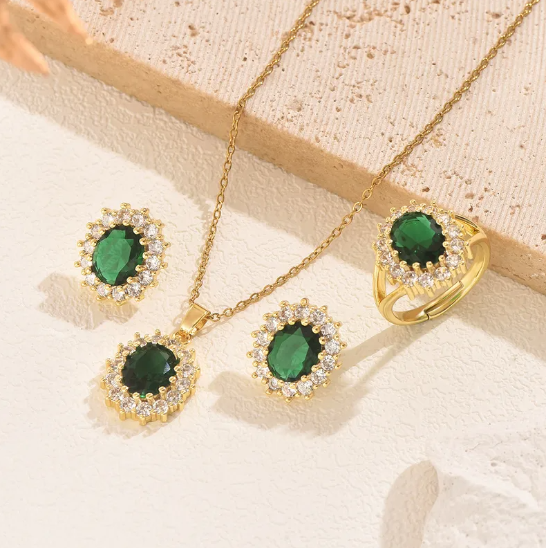 Green Gold Emerald Halo Jewellery Set - Jewellery Set - 18k Gold Plated Waterproof Jewellery - Collection 9
