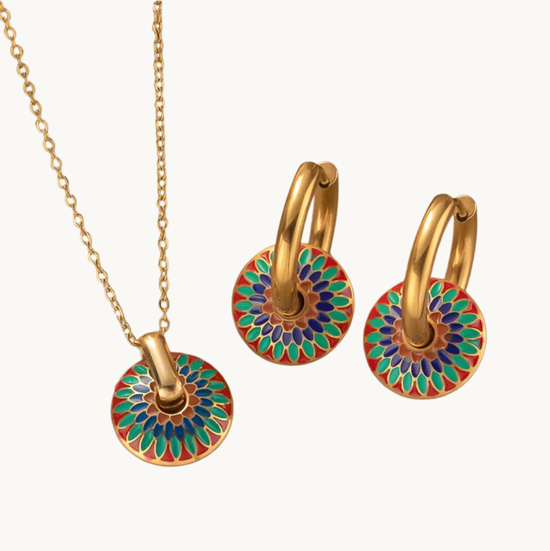 Gold Enamel Mandala Jewellery Set - Jewellery Set - 18k Gold Plated Waterproof Jewellery - Collection 9