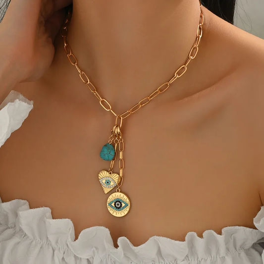 Gold Turquoise Evil Eye Charm Necklace - Necklace - 18k Gold Plated Waterproof Jewellery - Collection 9