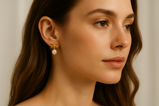 Golden Bow White Pearl Drop Earrings - Earrings - 18k Gold Plated Waterproof Jewellery - Collection 9