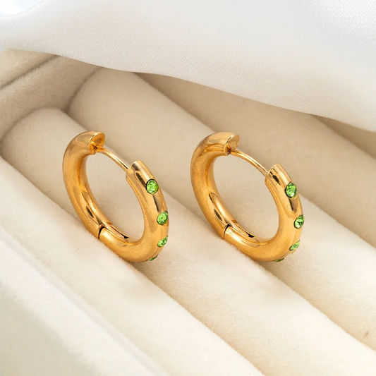 Gold Green Crystal Hoop Earrings - Earrings - 18k Gold Plated Waterproof Jewellery - Collection 9